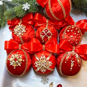 Rhinestone ball christmas ornament. Red ornament set of velvet Christmas bauble, Xmas tree decor, jeweled holiday baubles.