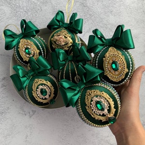 Emerald velvet christmas baubles. Cost for 1 pcs. Green Xmas decorations, Dark green tree decor set ornaments, Handmade bulbs in gift box.