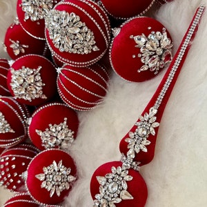 RED AVAILABLE 31pcs Set of Christmas tree ornaments with topper, handmade rhinestone baubles and topper, shiny rhinestone Christmas balls