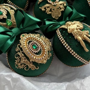 Emerald velvet christmas balls. Cost for 1 pcs. Dark green Xmas ornaments, Handmade emerald christmas baubles in gift box.