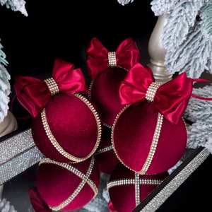 BURGUNDY VELVET CHRISTMAS ornaments 3,15",dark red velvet xmas balls, burgundy Christmas decorations, burgundy rhinestone baubles for home