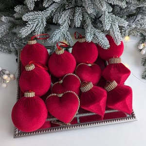 Red Velvet Christmas Ornament Set: Rhinestone Baubles, Holiday Decor (12 Units)