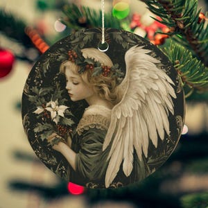 Victorian Angel Christmas Ornament: Dark Green Floral Ceramic Holiday Decor
