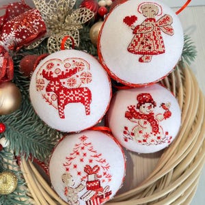 Handmade Embroidered Christmas Ornaments - Red Velvet Backed - Set of 4