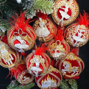 Nutcracker Ballet Christmas Ornament Set: Red Velvet Handmade Heirloom Décor