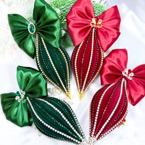 Velvet icicle ornament. Green, red teardrop Christmas ornament for Xmas tree decor.
