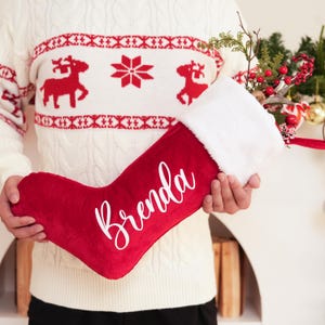 Custom Velvet Christmas Stocking, Personalized Embroidered Name Stocking, Red Plush Holiday Decor for Family, Fireplace Mantel Decoration