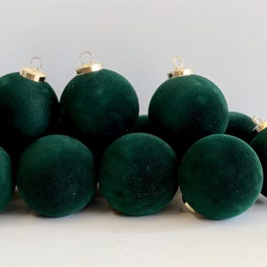Flocked Christmas Ornaments: Emerald Green- 12 pcs 3,15" Boho Holiday Decor