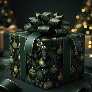 Christmas Wrapping Paper Forest Green Gift Wrap Roll Holiday Ornament Green Gold Pattern Elegant Gift Wrap Intricate Sage Wrap Luxury Paper