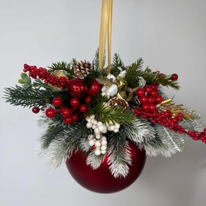 Handmade Christmas Ornament – Large Red Bauble with Pine, Berries & Frosted Greenery