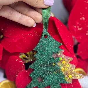 Handmade Glitter Resin Christmas Tree Ornaments: Forest Green, Set of 4