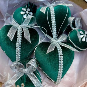 Velvet Christmas Ornament Set: Handmade Green Heart , Ball Decor