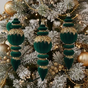 Green Shatterproof Finial Flocked Christmas Ornaments Holiday Decor 3 Count