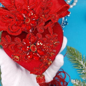 Luxury Red Velvet Heart Ornament, Handcrafted Christmas Decoration with Lace, Crystals and Tassel