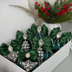 Elegant Green Velvet Christmas Ornaments Set with Crystals and Bows | Luxury Holiday Decor | Handmade Christmas Tree Decorations