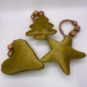 Handmade Velvet Christmas Ornaments Set, Plush Star & Heart Tree Decor in Sage Green, Luxury Neutral Xmas Decorations, Hanging Decoration